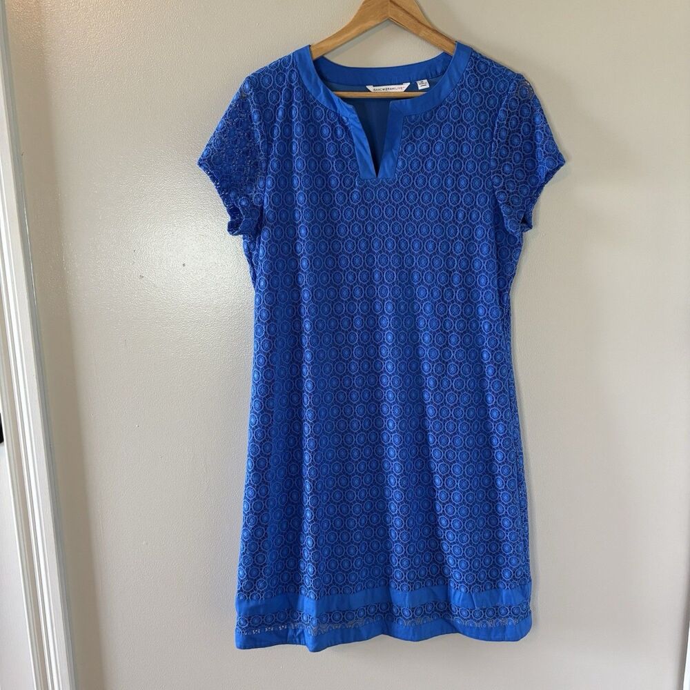 Isaac Mizrahi Live Lace Blue Lined Short Sleeve Overlay Stretch Dress Size Med